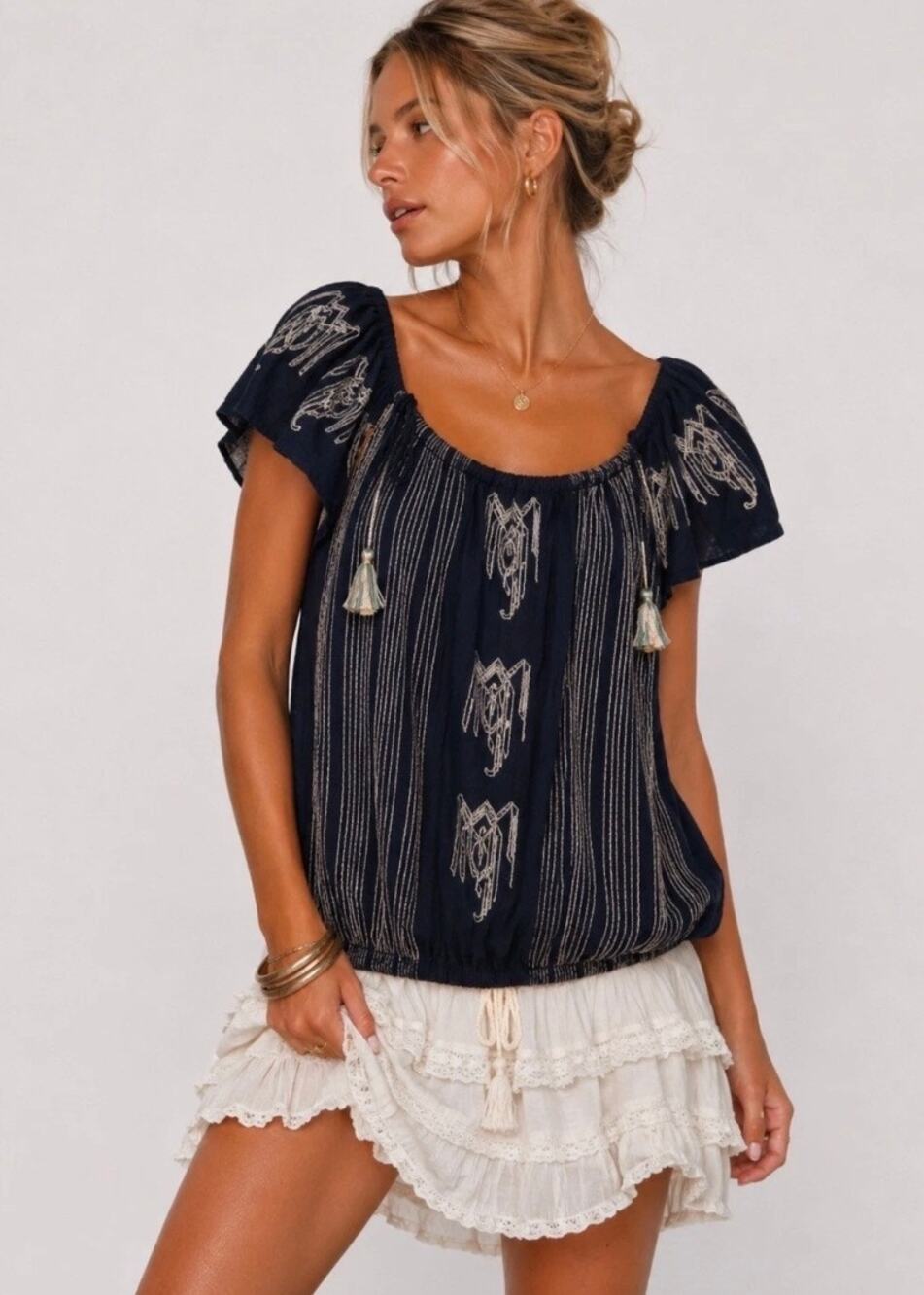 Free People Pukka Boho Peasant Embroidered Tassel Top Striped - Small